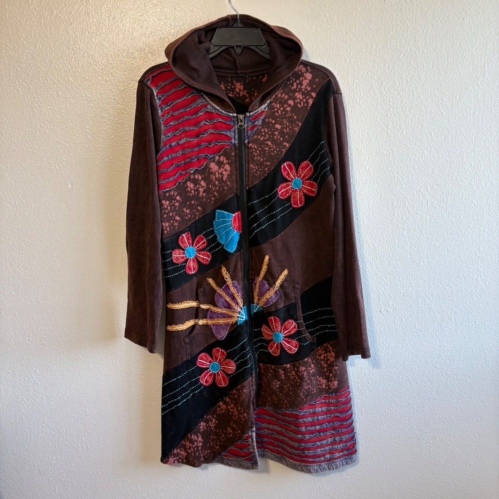 Rising International Brown Multicolor Embroidered Patchwork Zip Up Hoodie Dress